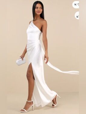 Lulu's One-Shoulder White Evening Gown with High Slit